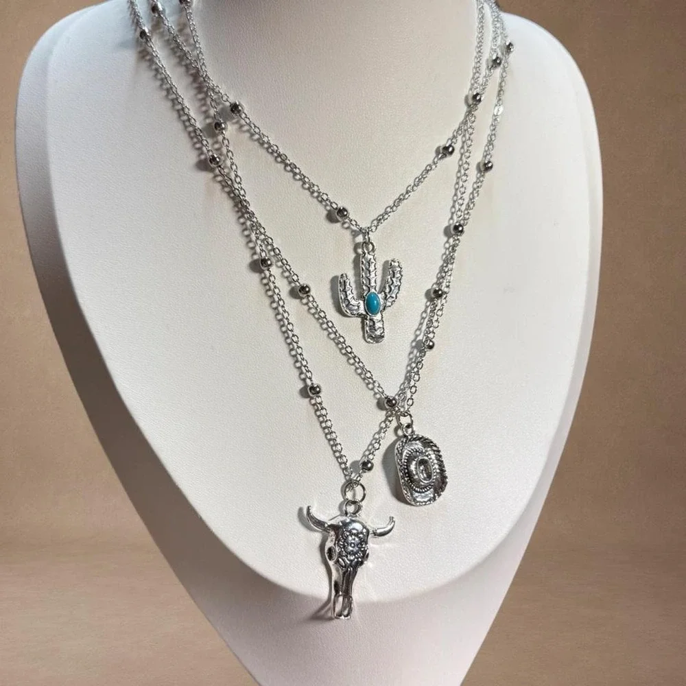 Western Y2K Layered Bull Skull & Turquoise Charm Necklace